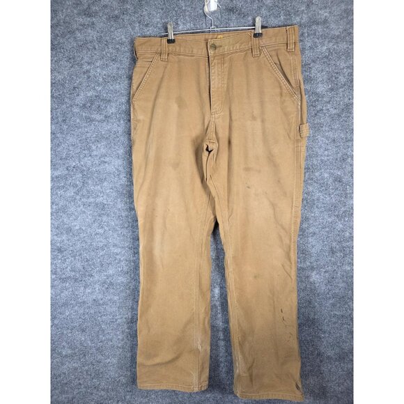 Carhartt Pants Mens 34x32 Brown Relaxed Fit Workwear Utility Distressed Stains